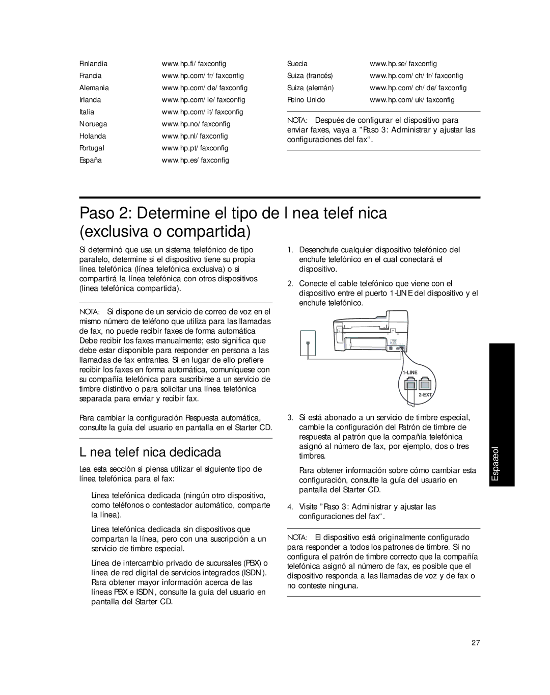 HP J5730, J5788, J5780, J5740 manual Línea telefónica dedicada, Suecia Suiza francés Suiza alemán Reino Unido 