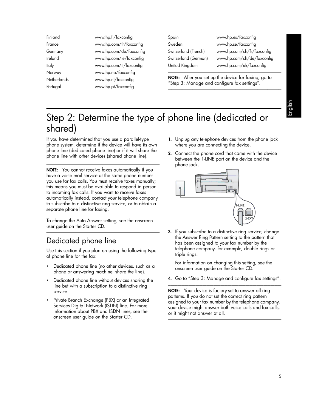 HP J5780 Determine the type of phone line dedicated or shared, Dedicated phone line, Manage and configure fax settings 