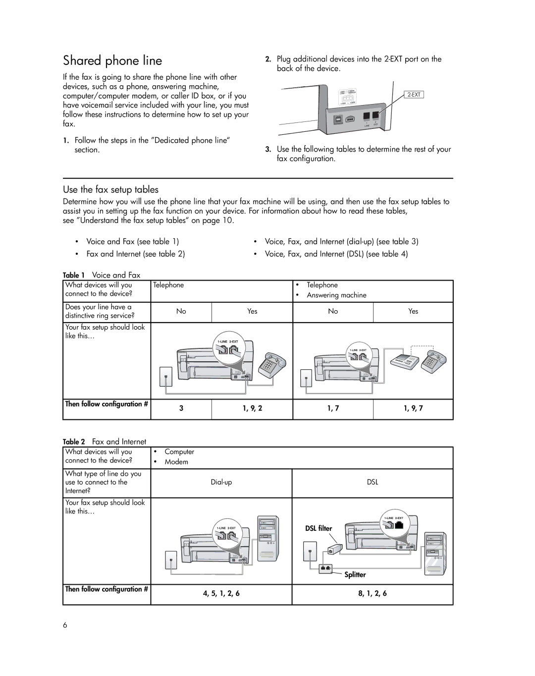 HP J5740, J5788, J5780, J5730 manual Shared phone line, Use the fax setup tables, Fax and Internet 