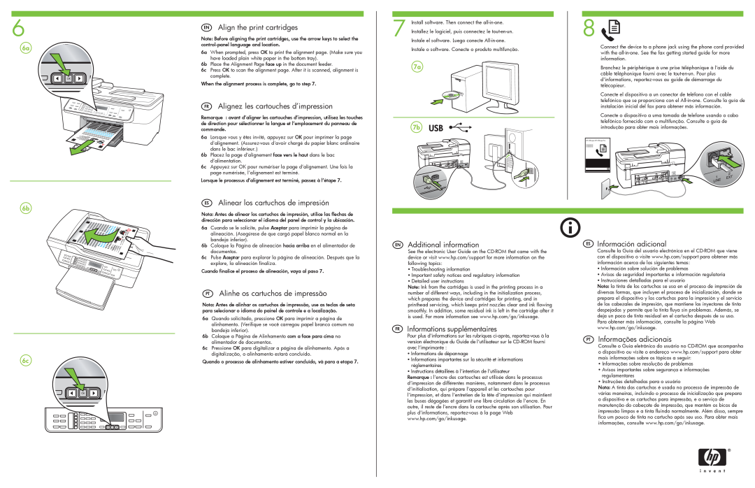 HP J5750 manual 6a 6b, 7a 7b, EN Align the print cartridges, FR Alignez les cartouches d’impression, Additional information 