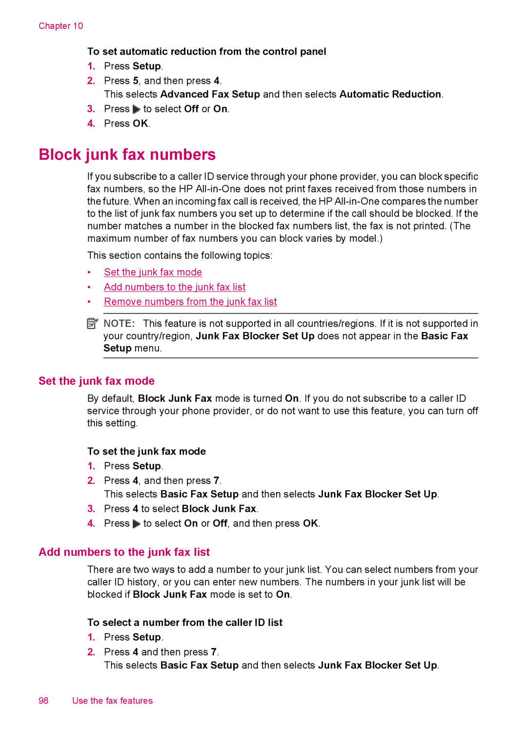 HP J5788, J5780, J5750, J5740 manual Block junk fax numbers, Set the junk fax mode, Add numbers to the junk fax list 