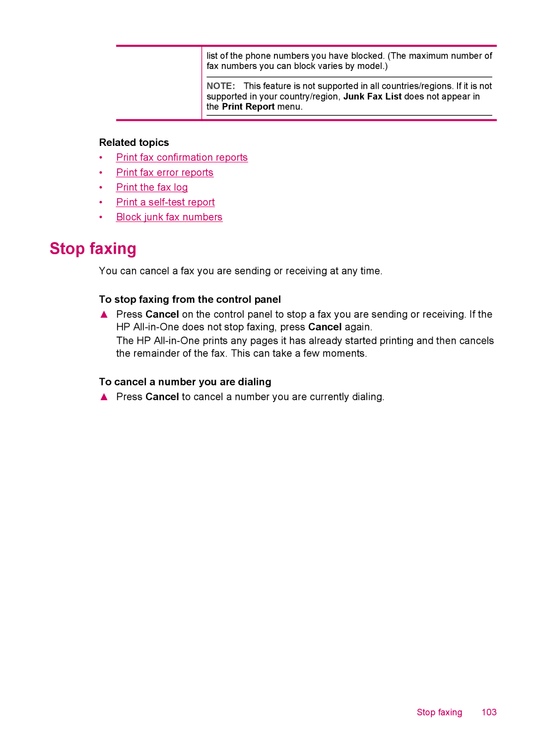 HP J5780, J5788, J5750, J5740 manual Stop faxing, To stop faxing from the control panel, To cancel a number you are dialing 