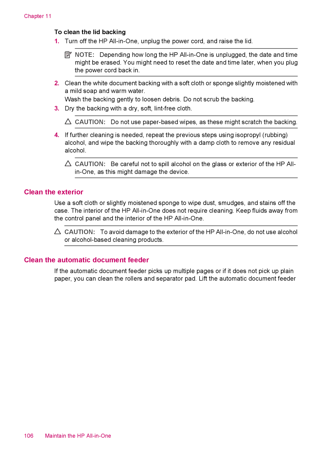 HP J5788, J5780, J5750, J5740 manual Clean the exterior, Clean the automatic document feeder, To clean the lid backing 