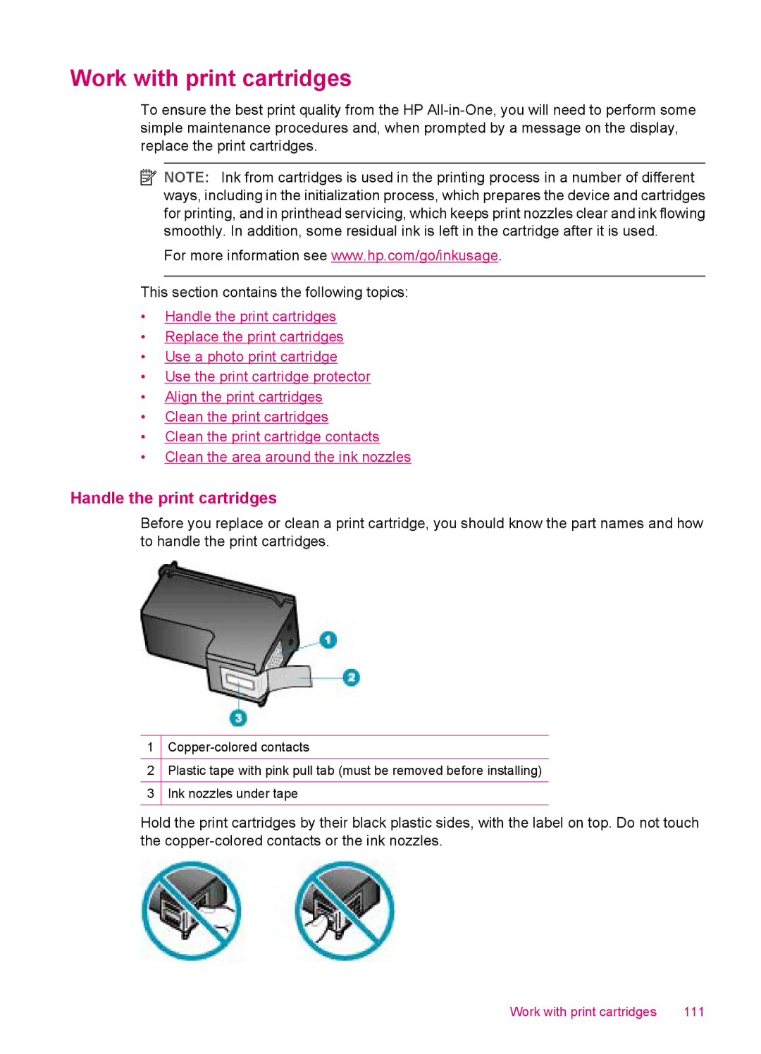 HP J5780, J5788, J5750, J5740 manual Work with print cartridges, Handle the print cartridges 