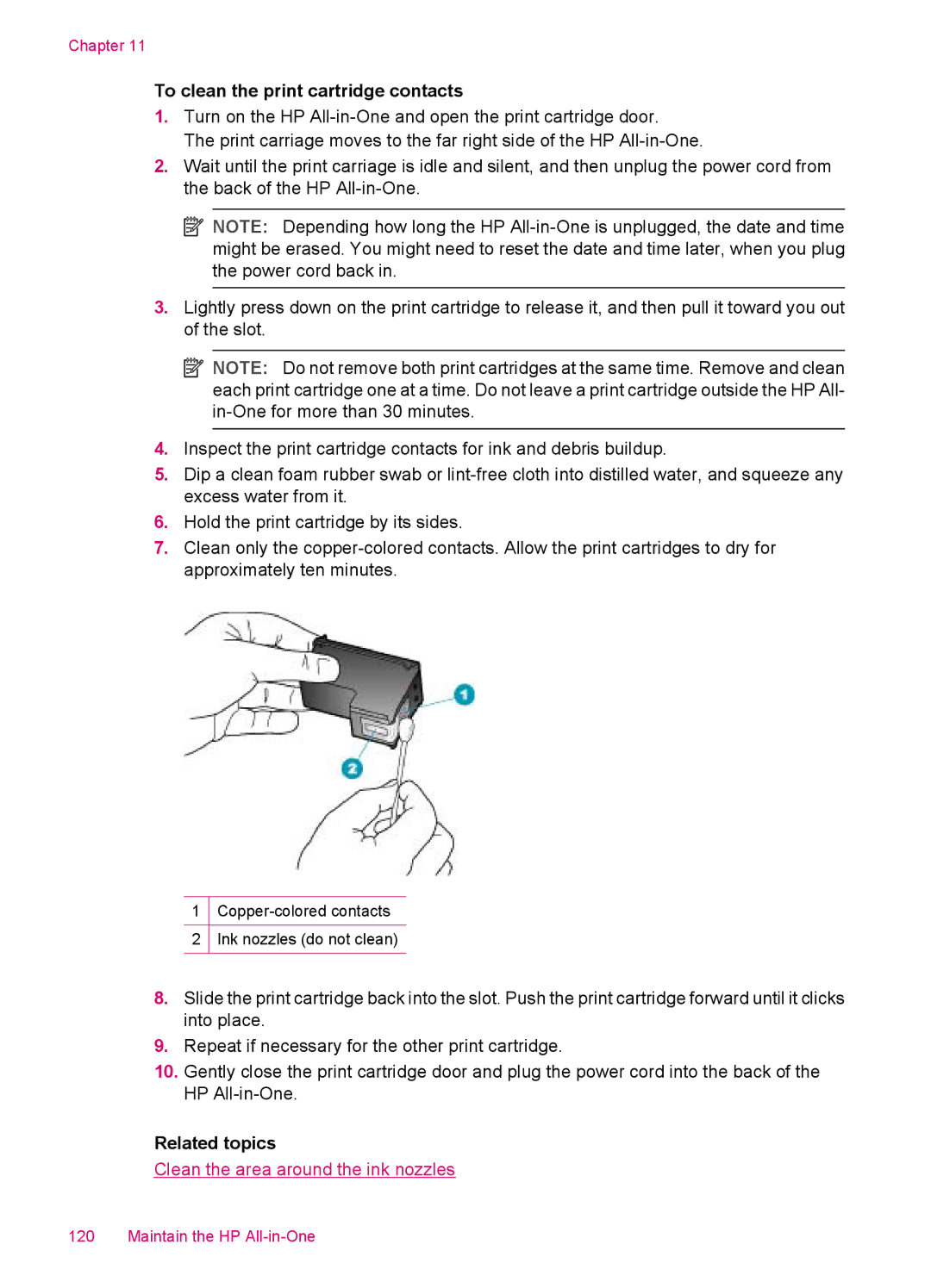 HP J5750, J5788, J5780, J5740 manual To clean the print cartridge contacts 