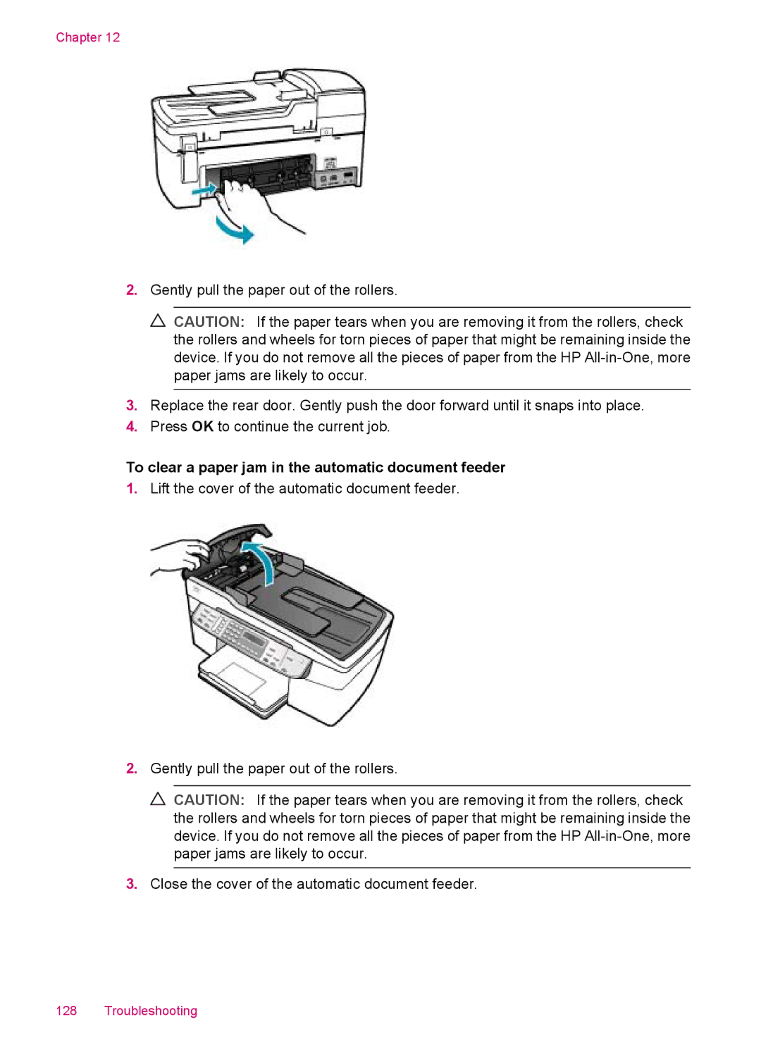 HP J5750, J5788, J5780, J5740 manual To clear a paper jam in the automatic document feeder 