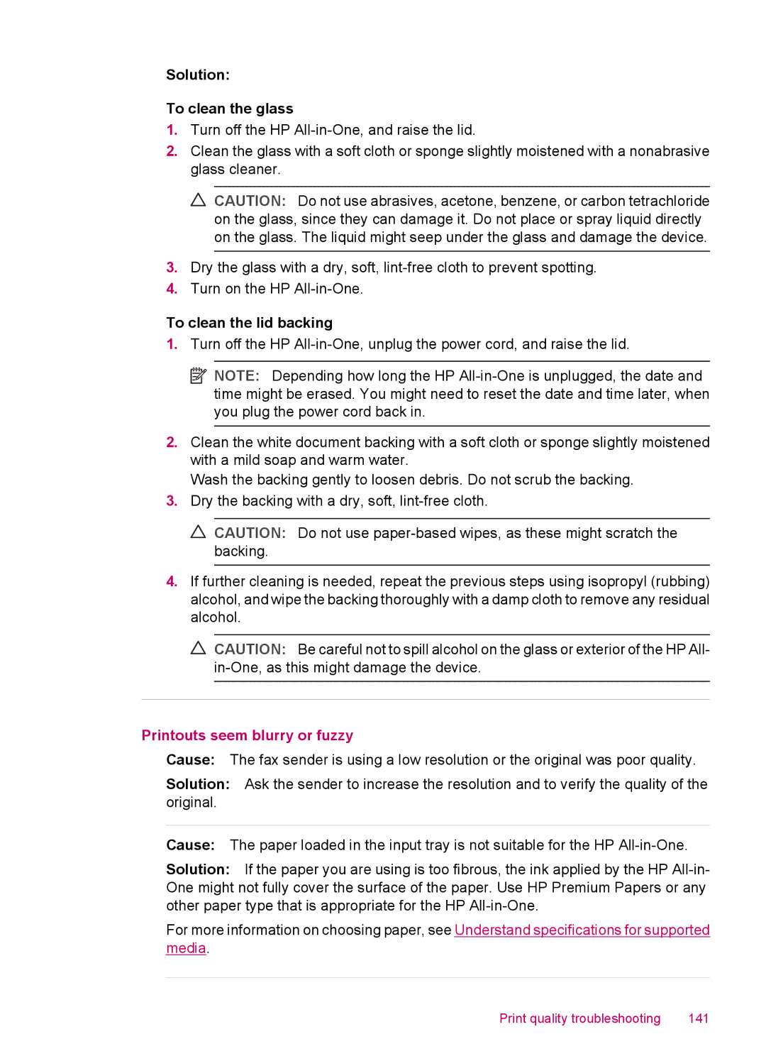 HP J5740, J5788, J5780, J5750 manual Solution To clean the glass, Printouts seem blurry or fuzzy 