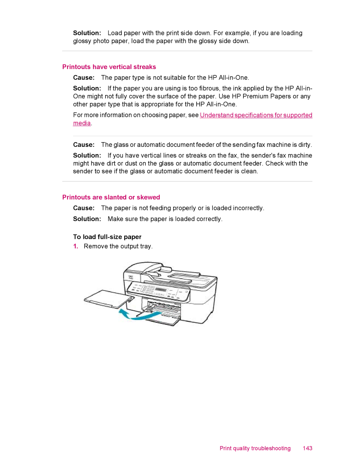 HP J5780, J5788, J5750, J5740 manual Printouts have vertical streaks, Printouts are slanted or skewed 