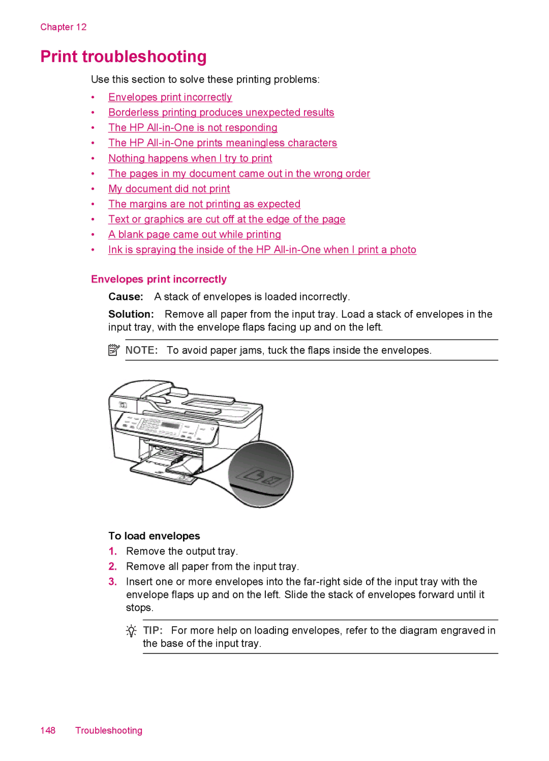 HP J5750, J5788, J5780, J5740 manual Print troubleshooting, Envelopes print incorrectly 