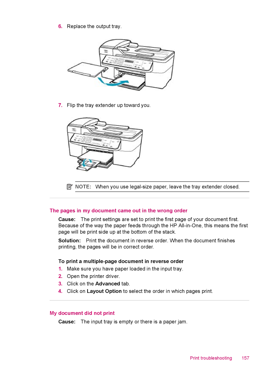 HP J5740, J5788, J5780 Pages in my document came out in the wrong order, To print a multiple-page document in reverse order 