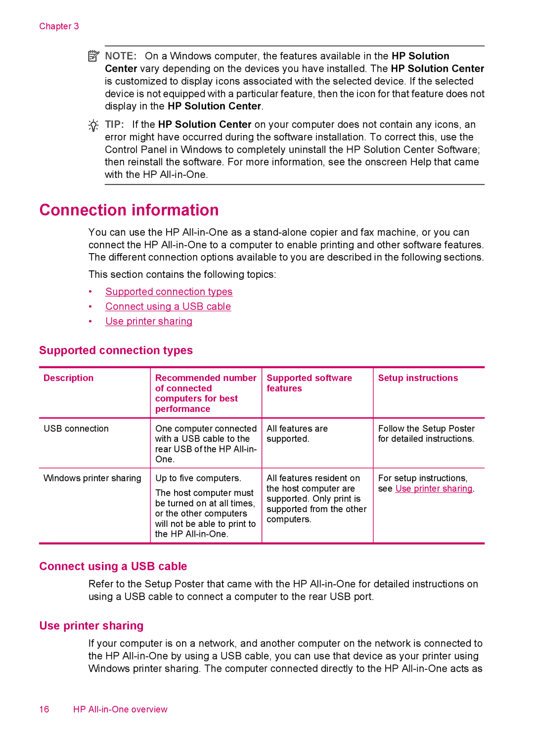 HP J5750, J5788, J5780 Connection information, Supported connection types, Connect using a USB cable, Use printer sharing 