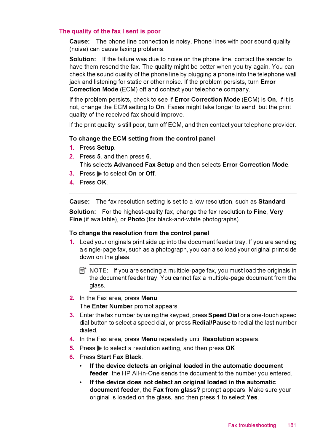 HP J5740, J5788, J5780, J5750 manual Quality of the fax I sent is poor, To change the resolution from the control panel 