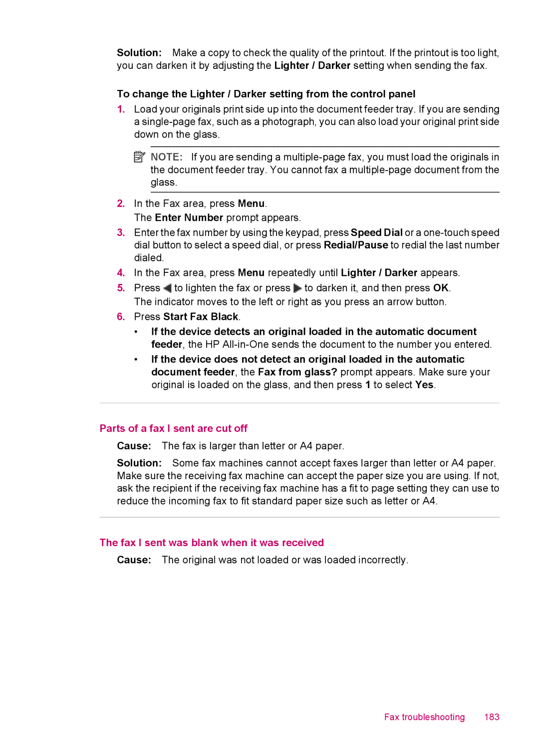 HP J5780, J5788, J5750, J5740 manual Parts of a fax I sent are cut off, Fax I sent was blank when it was received 