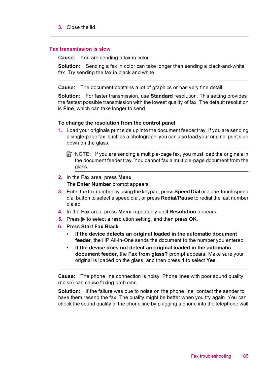 HP J5740, J5788, J5780, J5750 manual Fax transmission is slow, To change the resolution from the control panel 