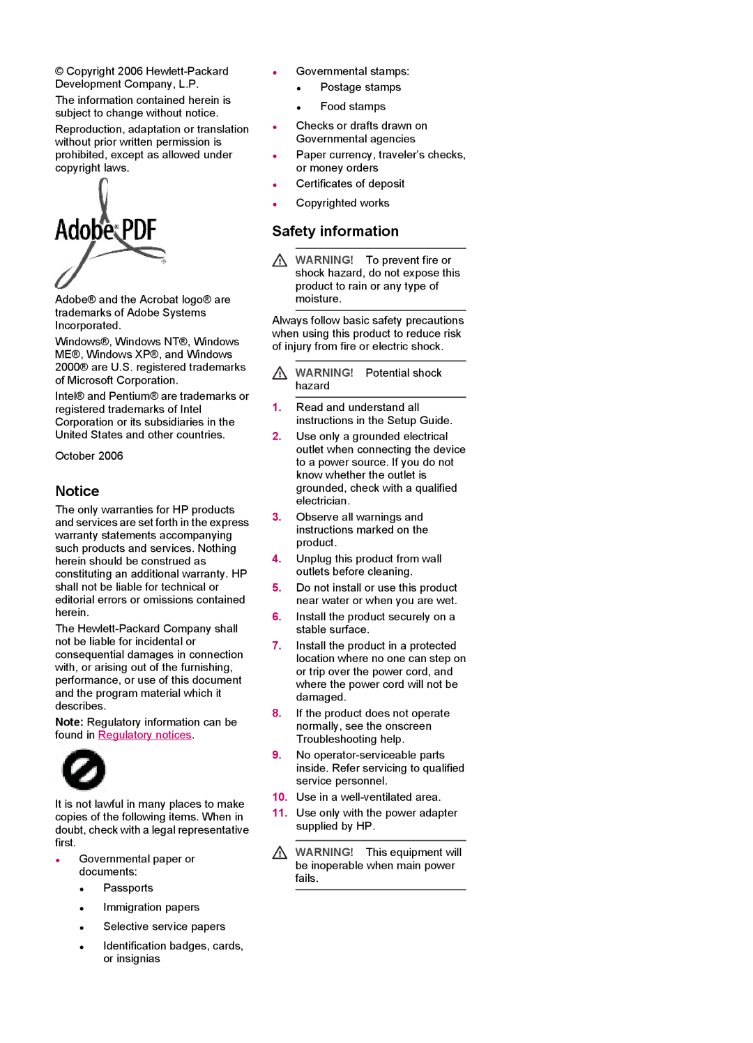 HP J5750, J5788, J5780, J5740 manual Safety information 