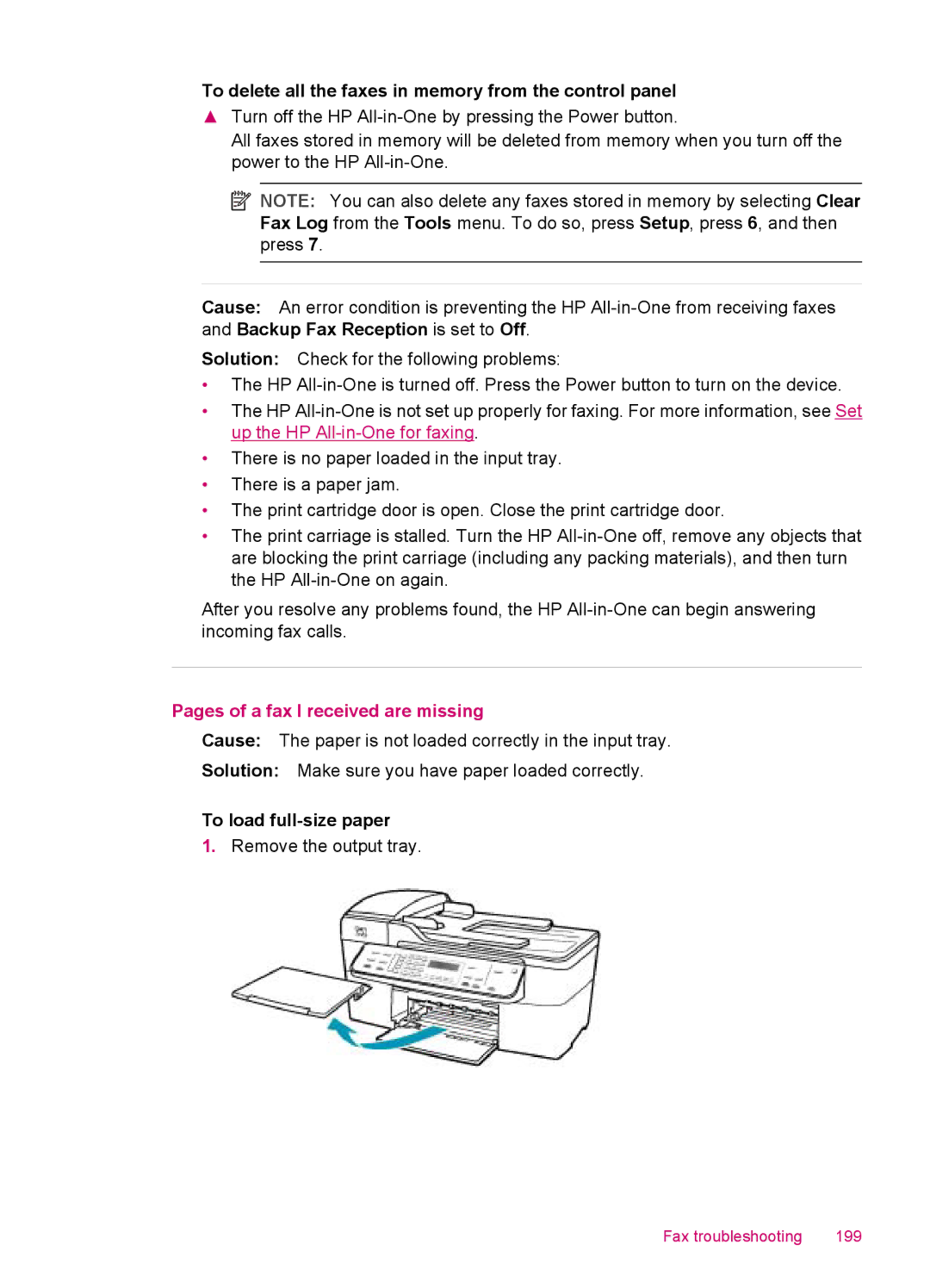 HP J5780, J5788, J5750 manual To delete all the faxes in memory from the control panel, Pages of a fax I received are missing 