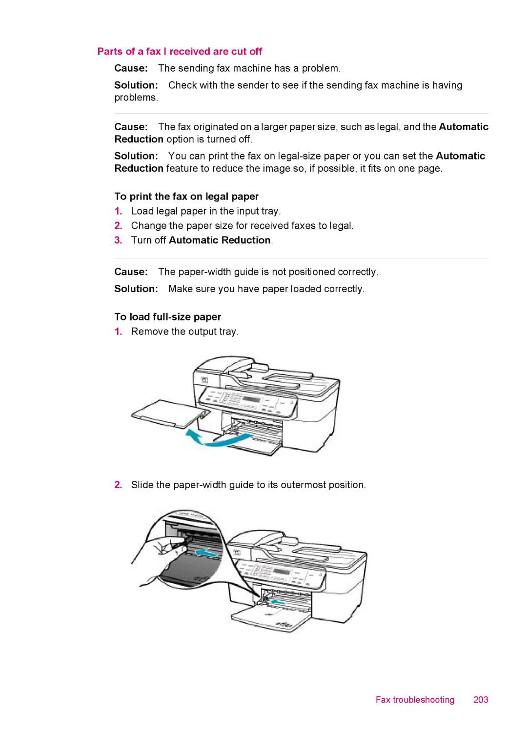 HP J5780, J5788, J5750 Parts of a fax I received are cut off, To print the fax on legal paper, Turn off Automatic Reduction 