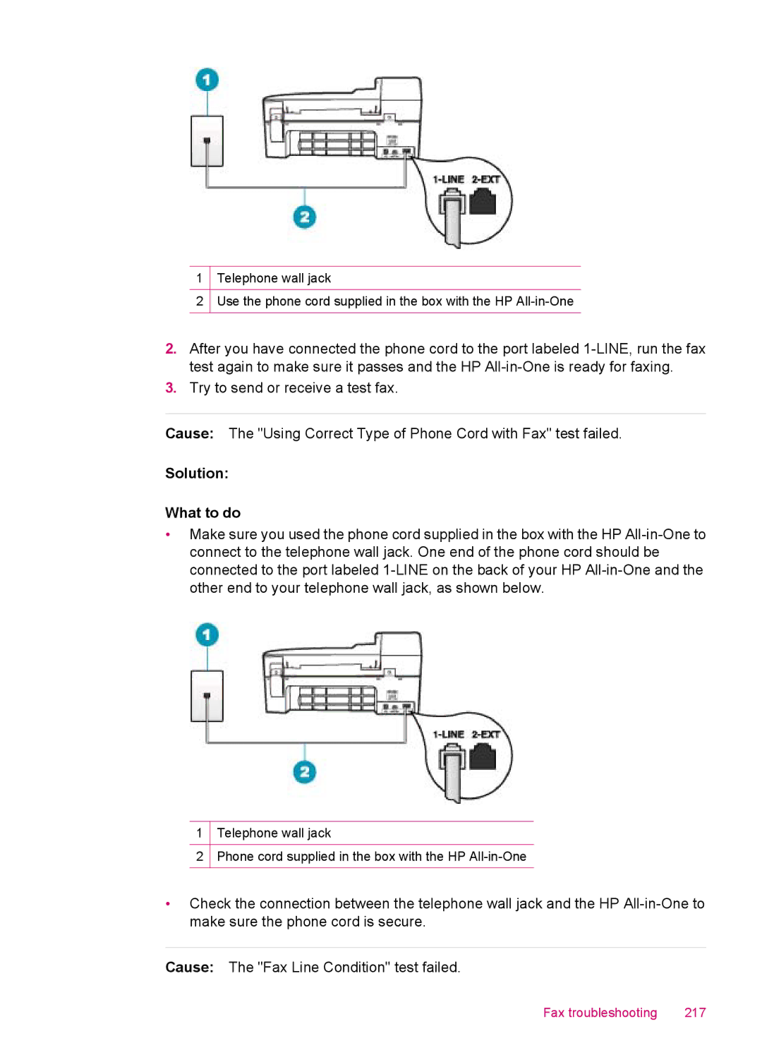 HP J5740, J5788, J5780, J5750 manual Fax troubleshooting 217 