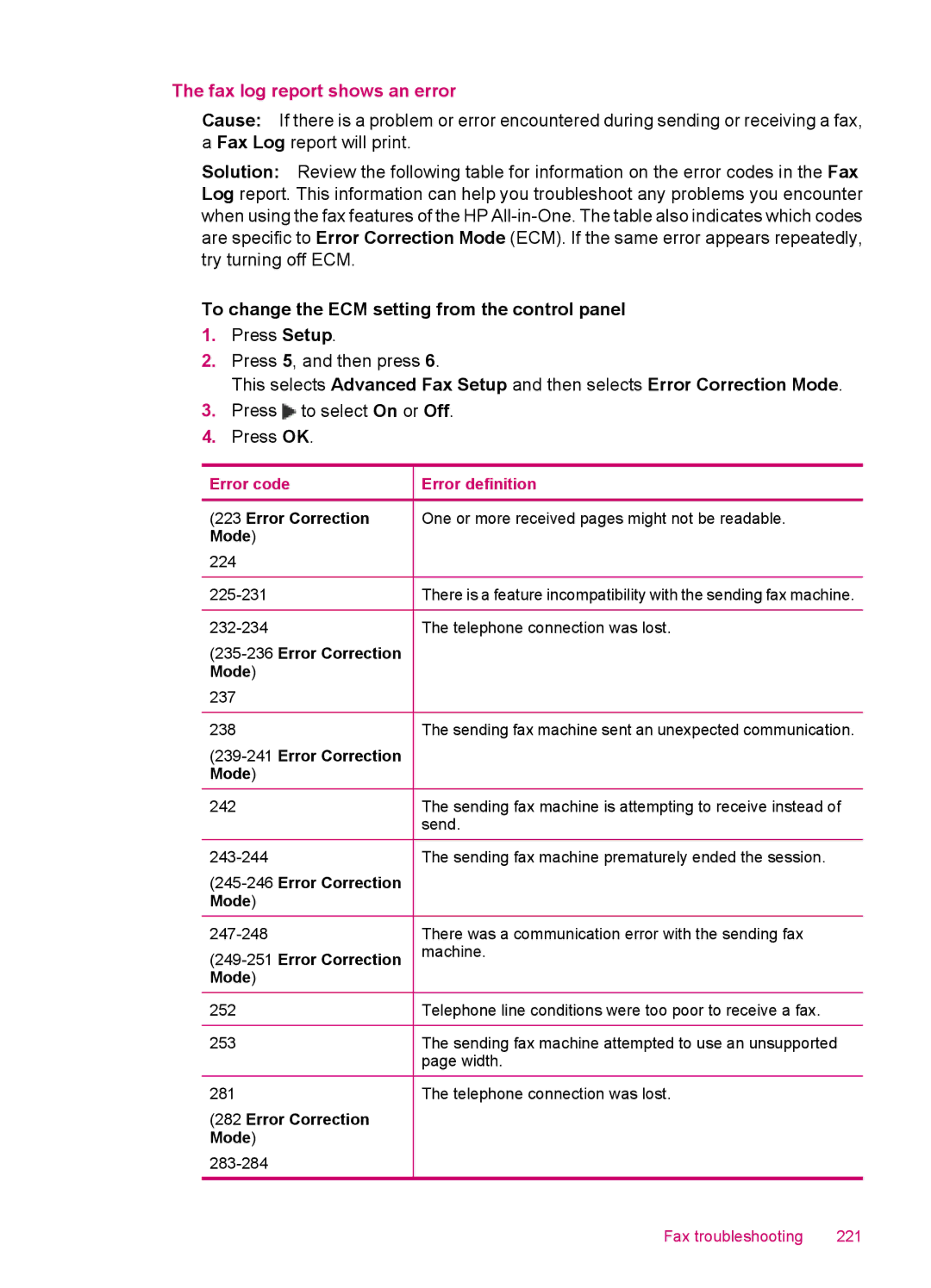 HP J5740, J5788, J5780, J5750 manual Fax log report shows an error, Error code 