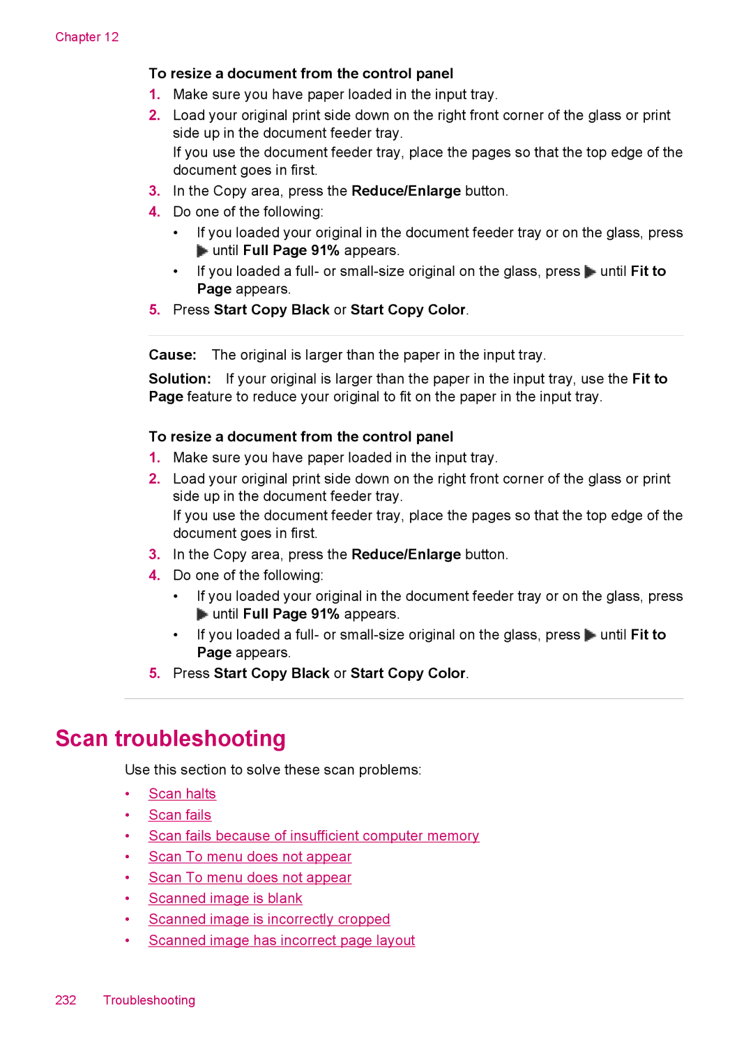 HP J5750, J5788, J5780, J5740 manual Scan troubleshooting, To resize a document from the control panel 