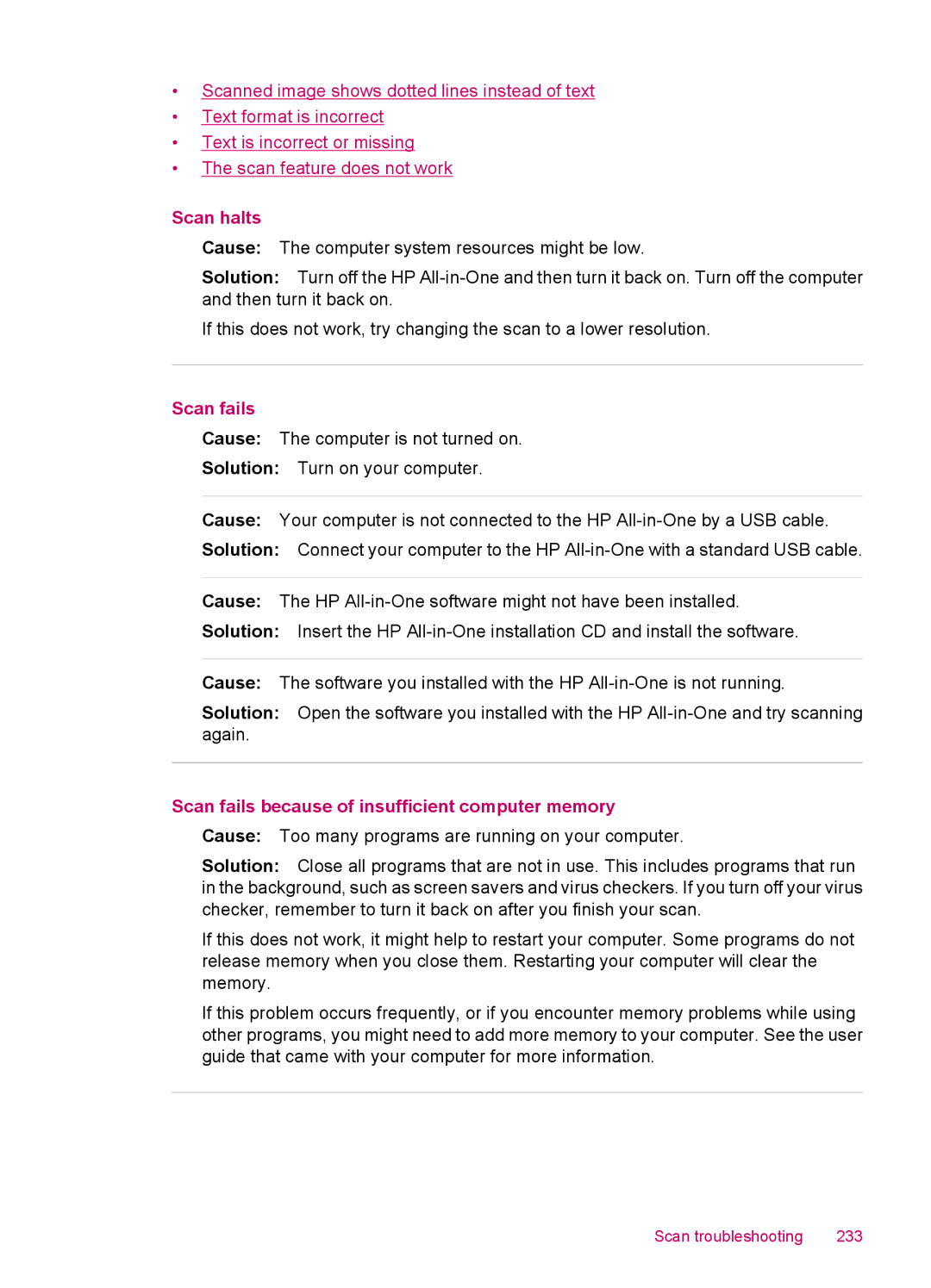 HP J5740, J5788, J5780, J5750 manual Scan halts, Scan fails because of insufficient computer memory 