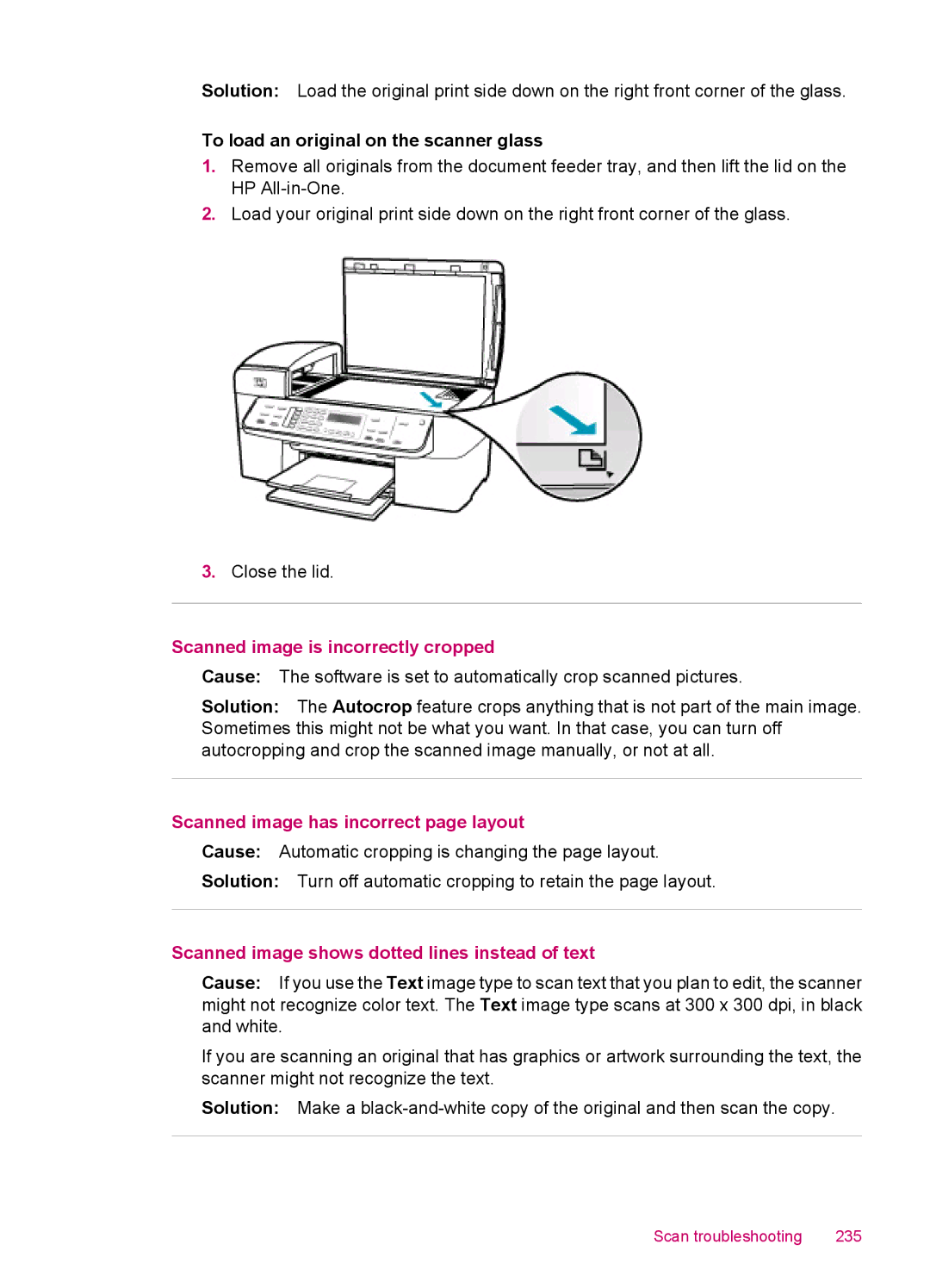 HP J5780, J5788, J5750, J5740 manual Scanned image is incorrectly cropped, Scanned image has incorrect page layout 