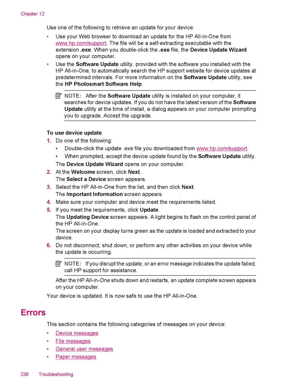 HP J5788, J5780, J5750, J5740 manual Errors, To use device update 