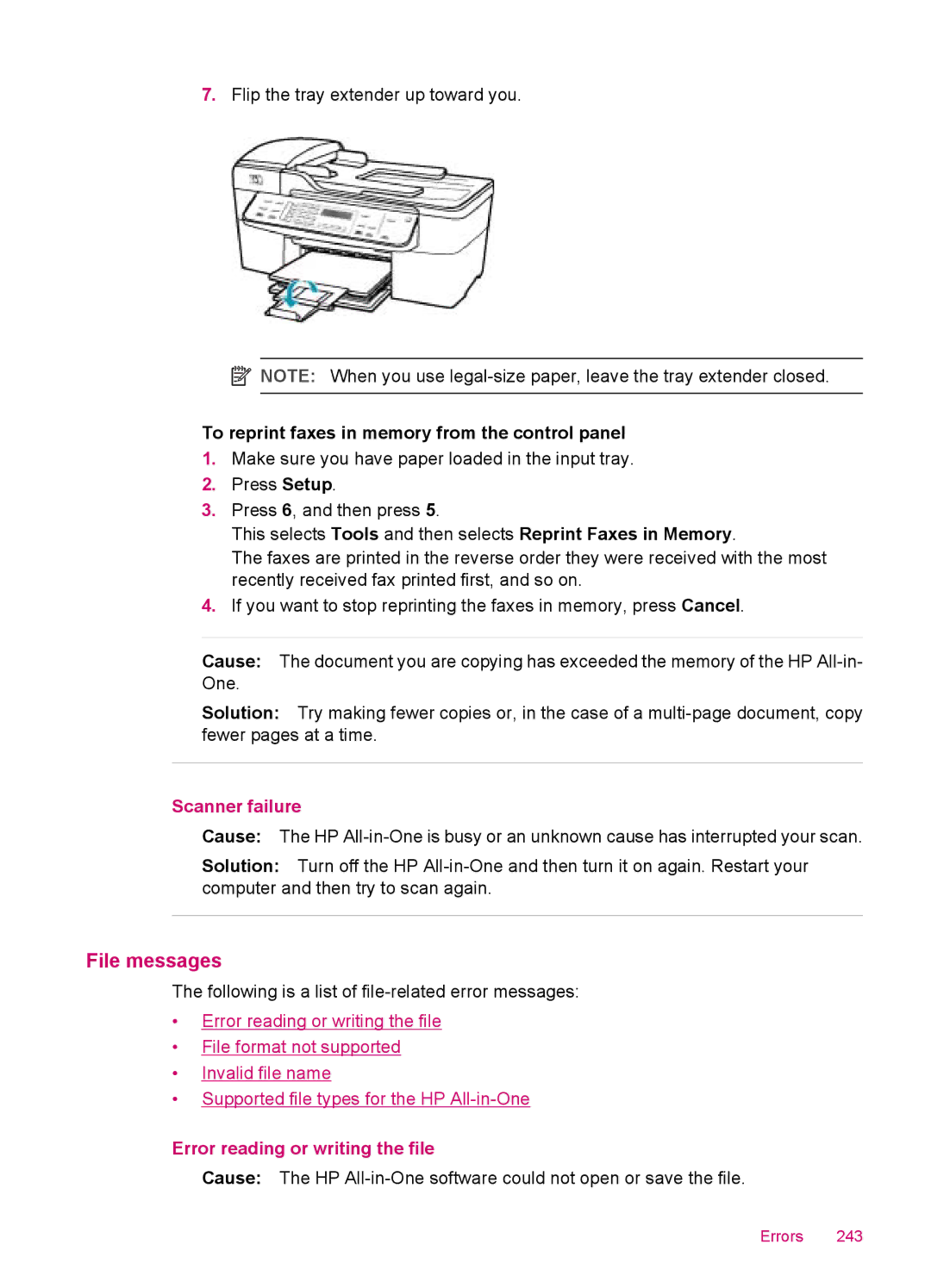 HP J5780, J5788, J5750, J5740 manual File messages, Scanner failure, Error reading or writing the file 