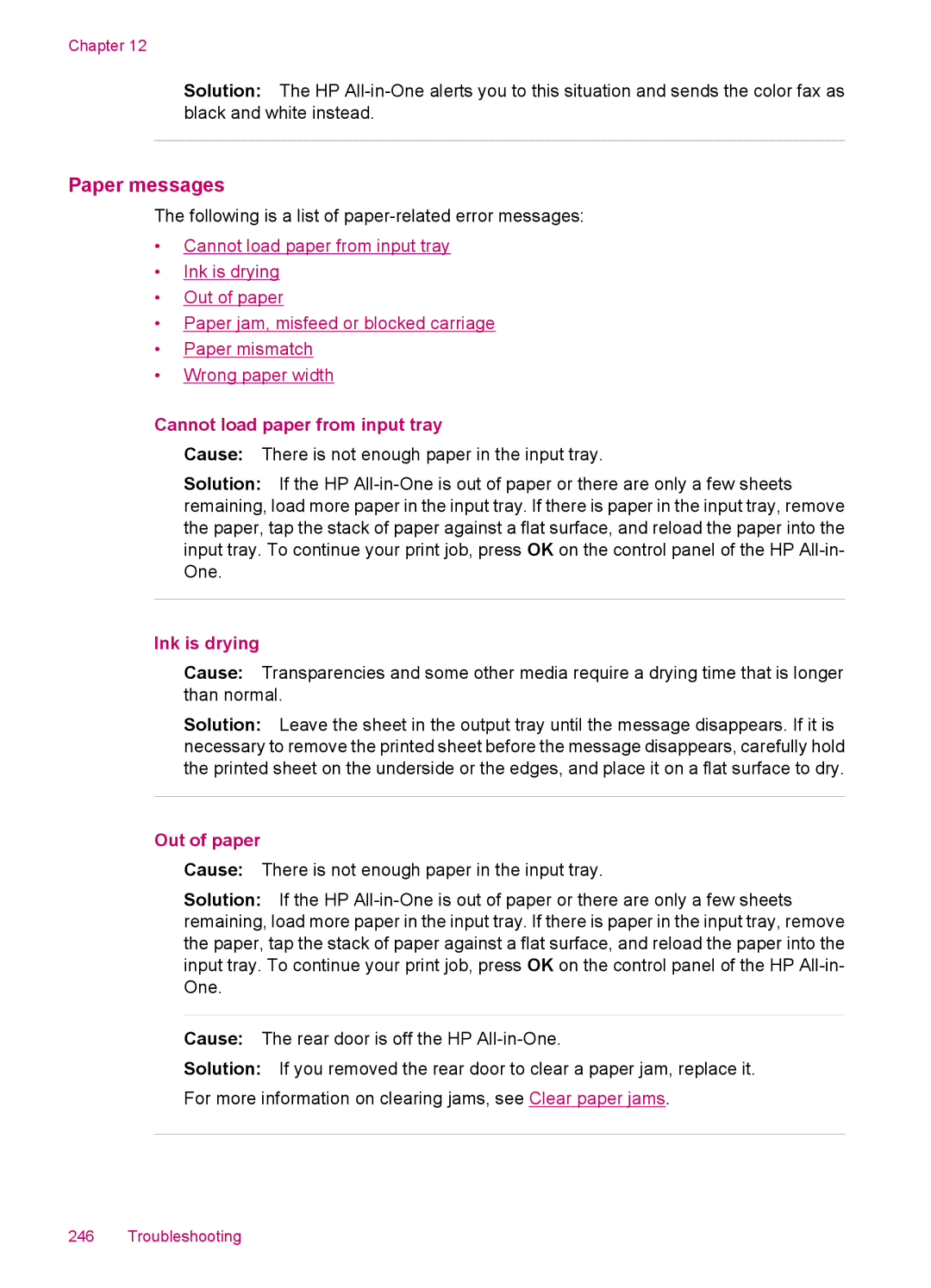 HP J5788, J5780, J5750, J5740 manual Paper messages, Cannot load paper from input tray, Ink is drying, Out of paper 