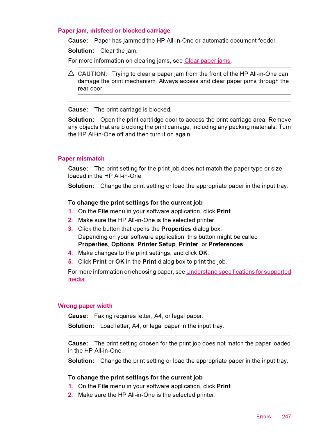 HP J5780, J5788, J5750, J5740 manual Paper jam, misfeed or blocked carriage, Paper mismatch, Wrong paper width 