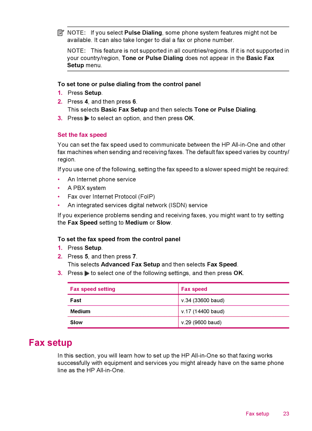 HP J5780, J5788, J5750, J5740 manual Fax setup, To set tone or pulse dialing from the control panel, Set the fax speed 