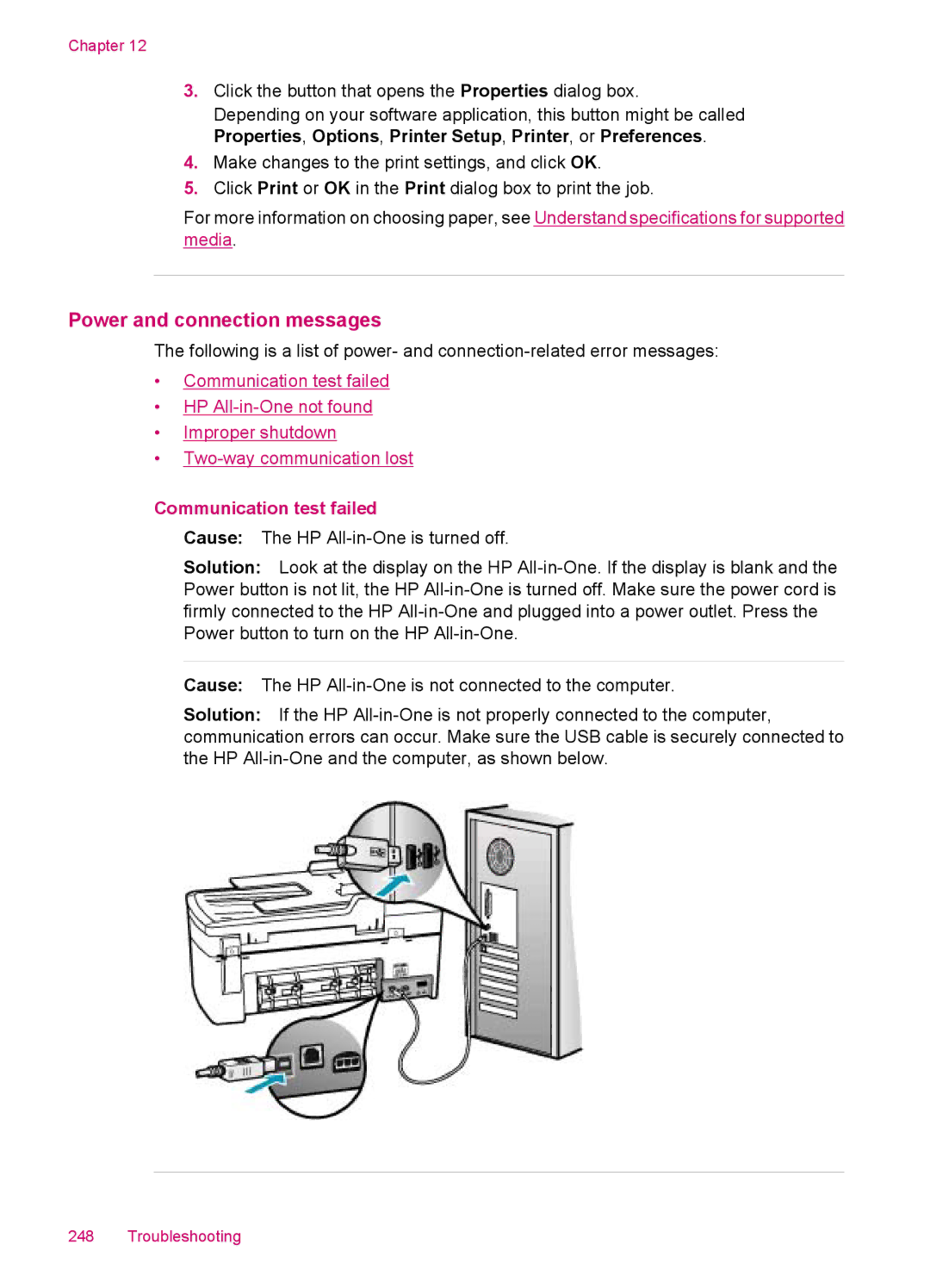 HP J5750, J5788, J5780, J5740 manual Power and connection messages, Communication test failed 