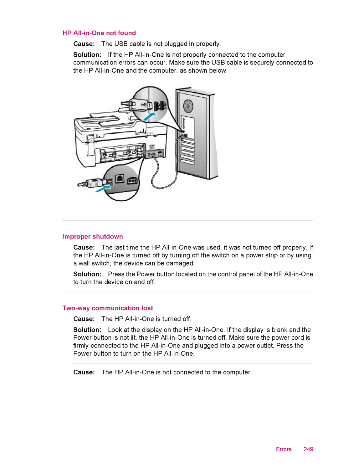 HP J5740, J5788, J5780, J5750 manual HP All-in-One not found, Improper shutdown, Two-way communication lost 