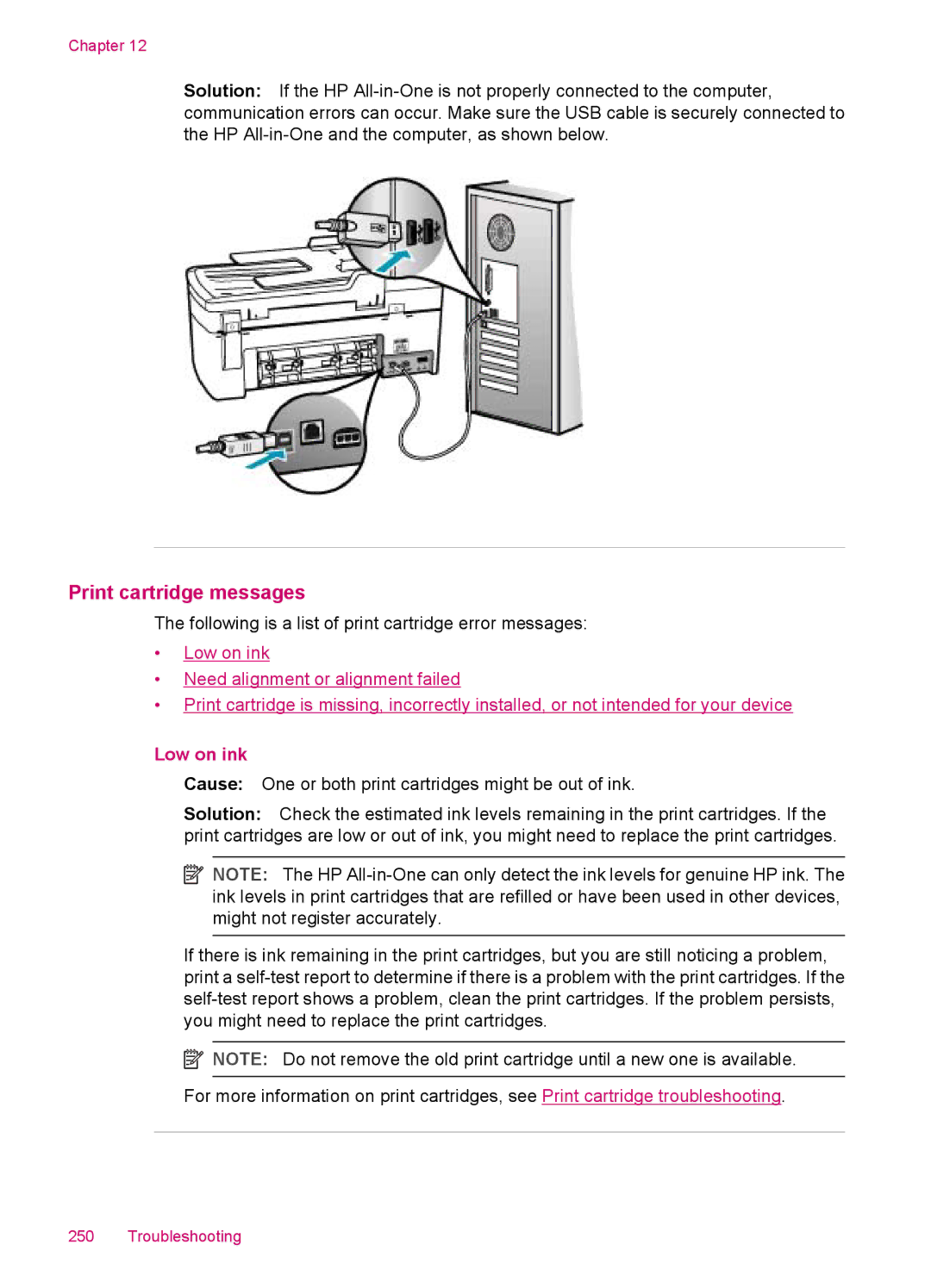 HP J5788, J5780, J5750, J5740 manual Print cartridge messages, Low on ink 