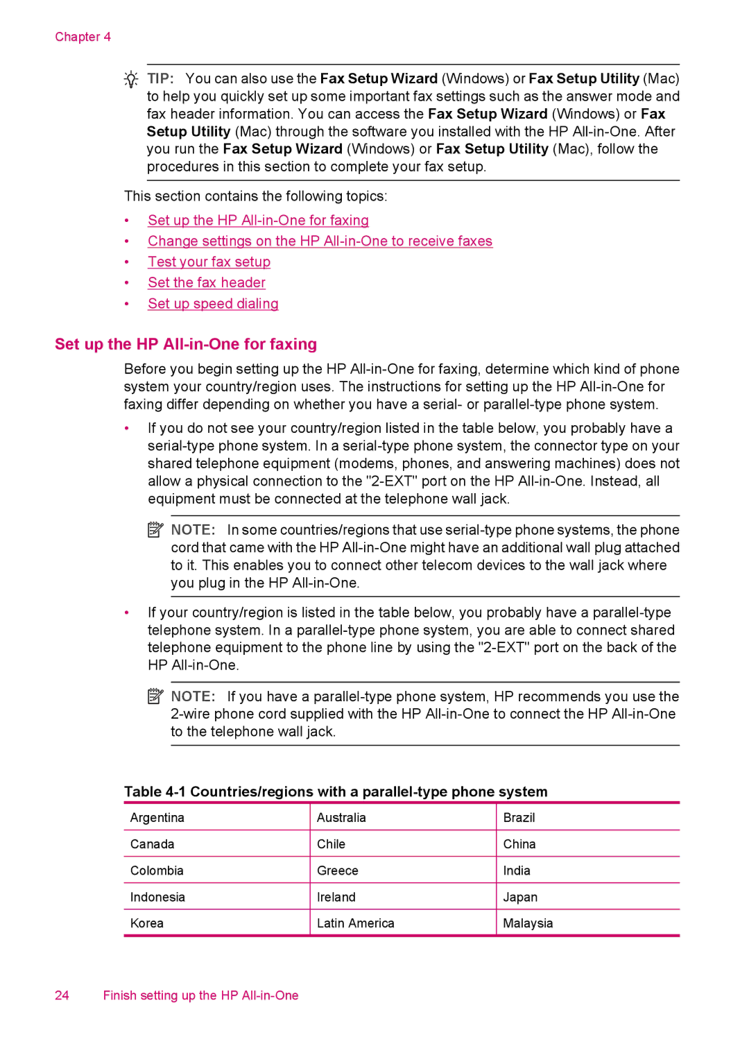 HP J5750, J5788, J5780, J5740 manual Set up the HP All-in-One for faxing, Countries/regions with a parallel-type phone system 