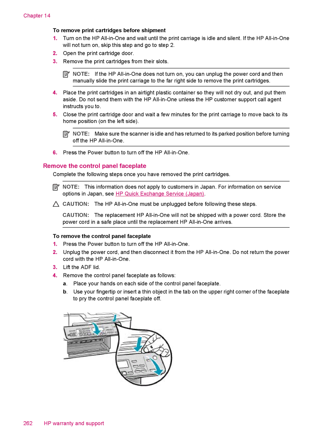 HP J5788, J5780, J5750, J5740 manual Remove the control panel faceplate, To remove print cartridges before shipment 