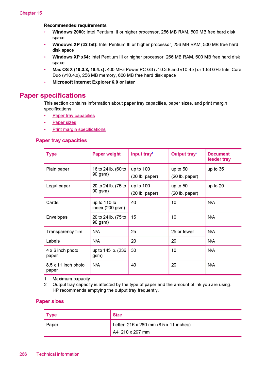 HP J5788, J5780, J5750, J5740 manual Paper tray capacities, Paper sizes 