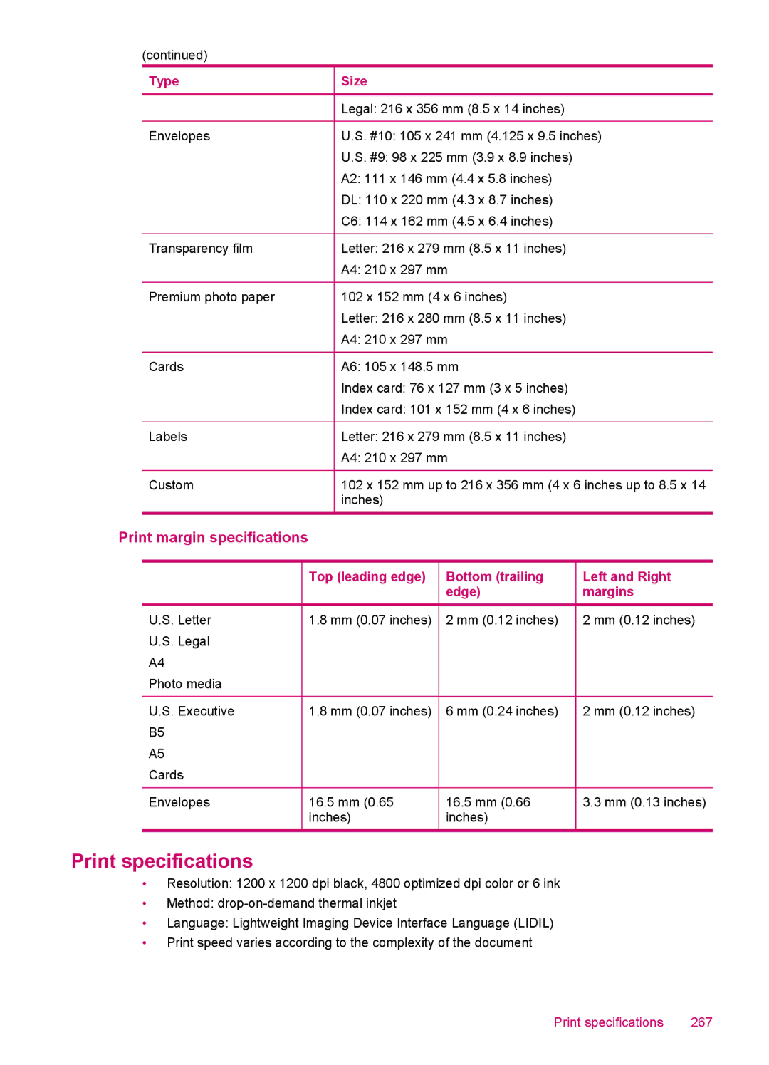 HP J5780, J5788, J5750, J5740 manual Print specifications, Print margin specifications 