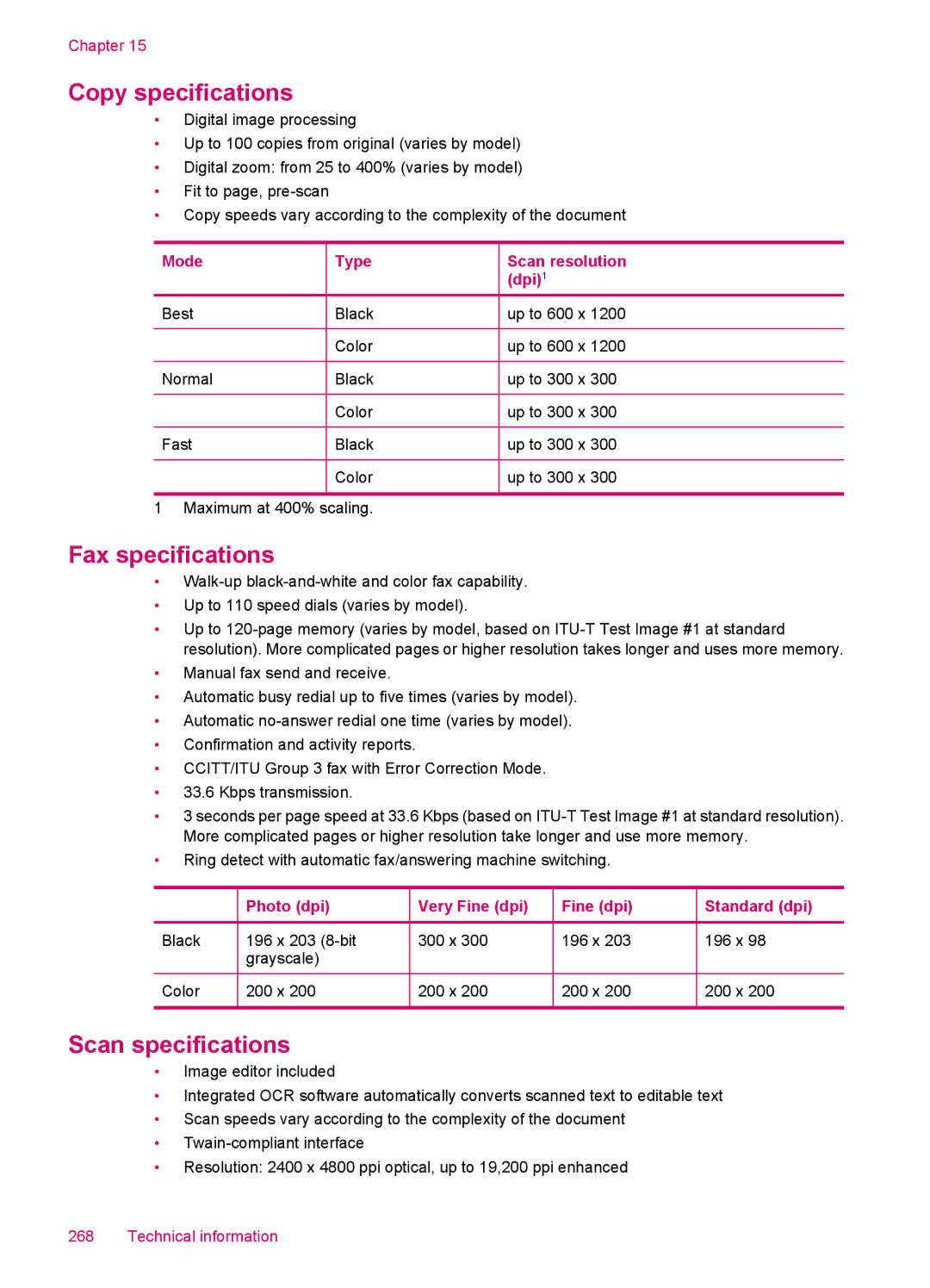 HP J5750, J5788, J5780, J5740 manual Copy specifications 