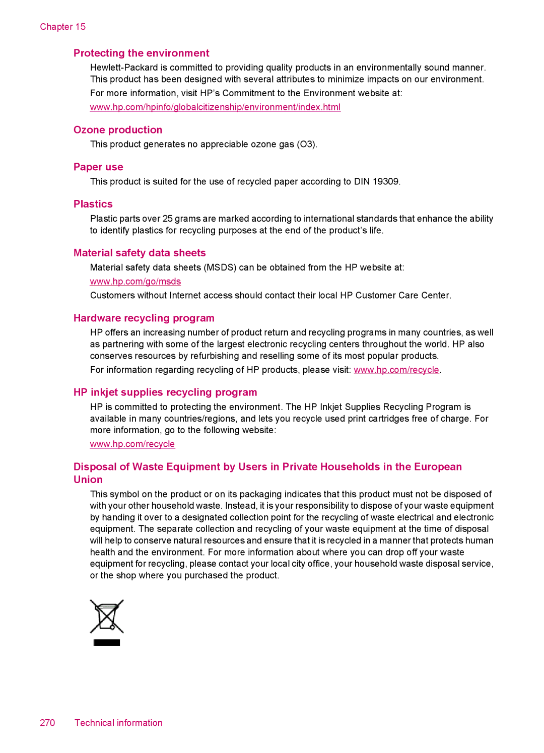 HP J5788, J5780, J5750, J5740 Protecting the environment, Ozone production, Paper use, Plastics, Material safety data sheets 