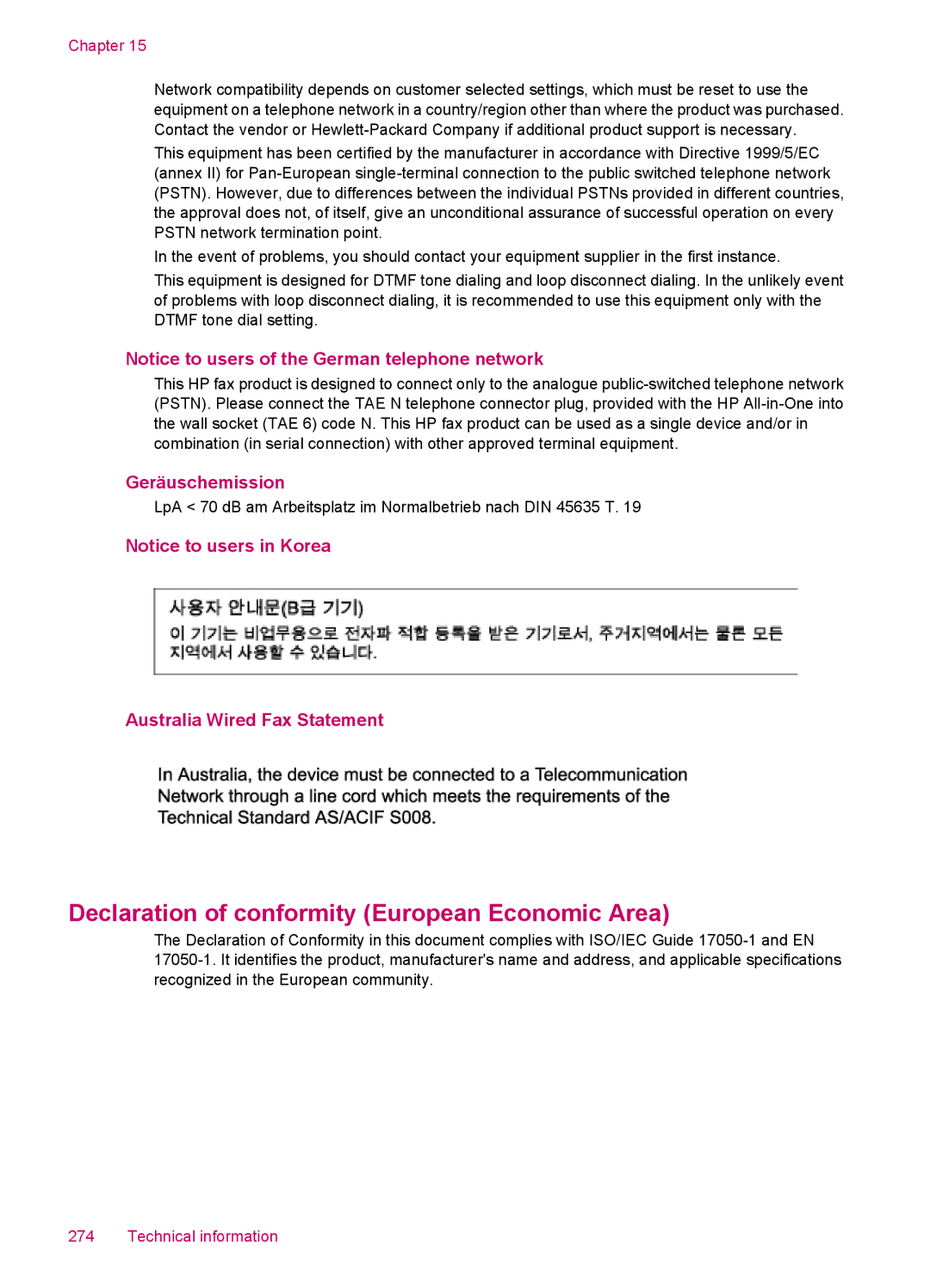 HP J5788, J5780, J5750, J5740 manual Geräuschemission, Australia Wired Fax Statement 