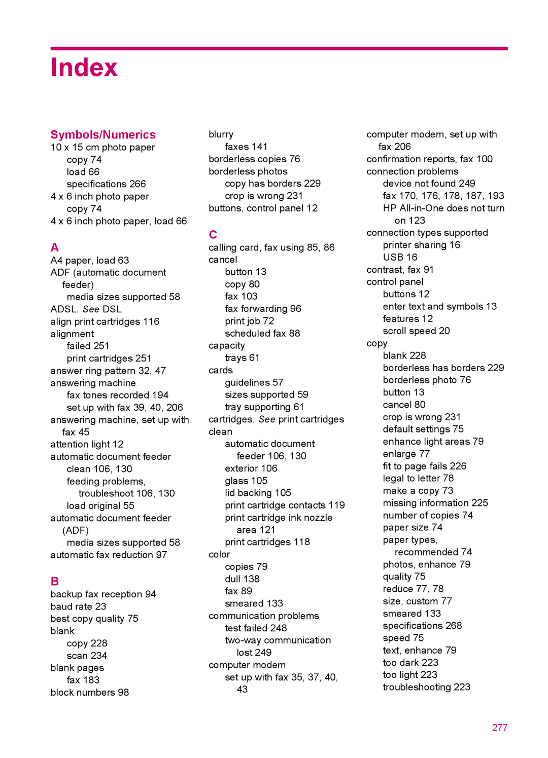 HP J5740, J5788, J5780, J5750 manual Index, Symbols/Numerics 