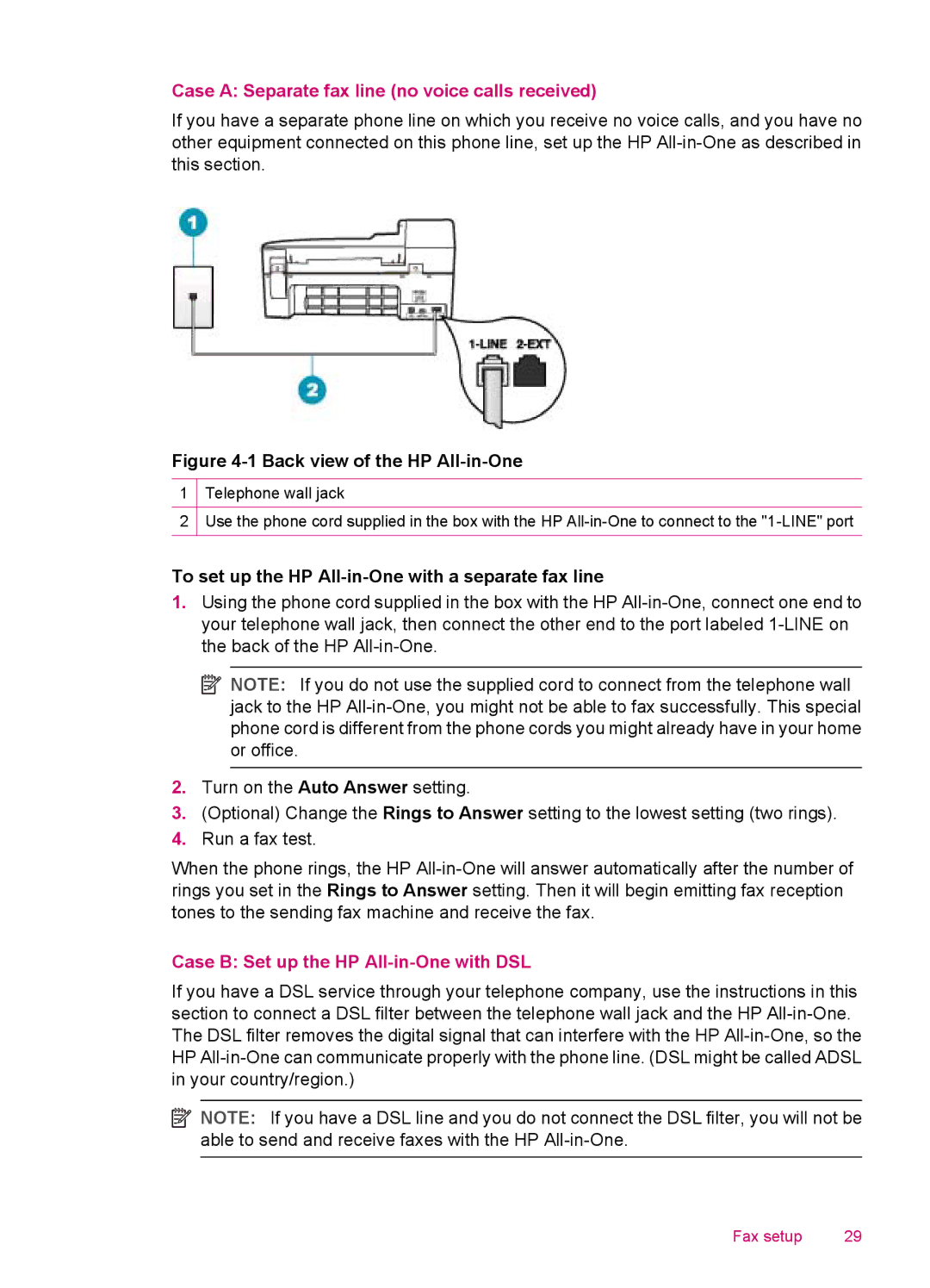 HP J5740, J5788 Case a Separate fax line no voice calls received, To set up the HP All-in-One with a separate fax line 