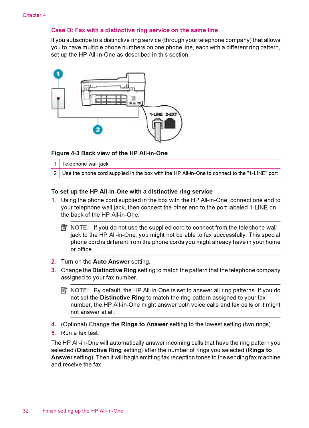 HP J5750, J5788, J5780, J5740 manual Case D Fax with a distinctive ring service on the same line 