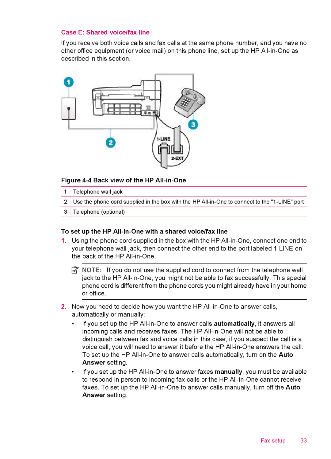 HP J5740, J5788, J5780, J5750 manual Case E Shared voice/fax line, To set up the HP All-in-One with a shared voice/fax line 