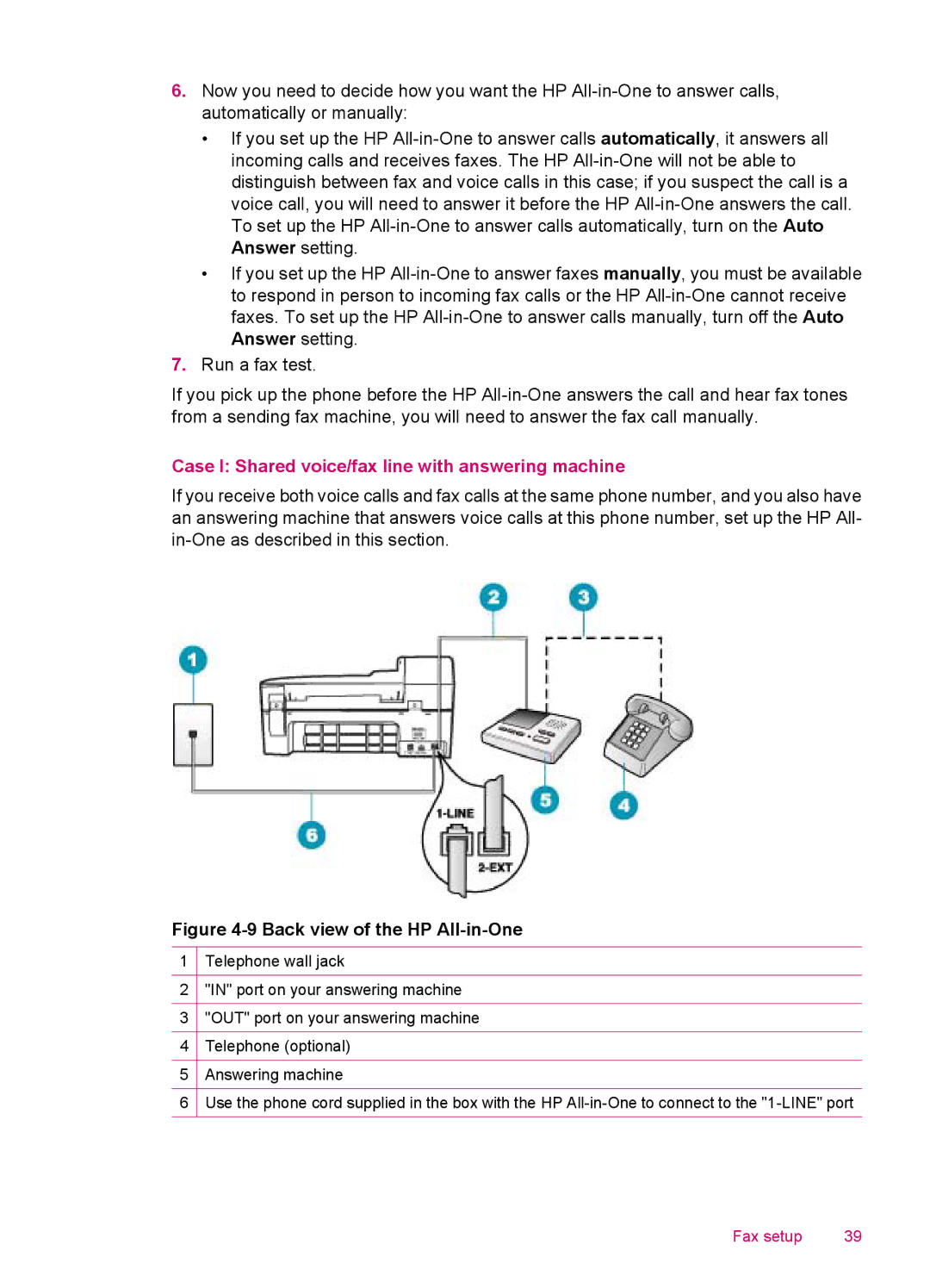 HP J5780, J5788, J5750, J5740 manual Case I Shared voice/fax line with answering machine 