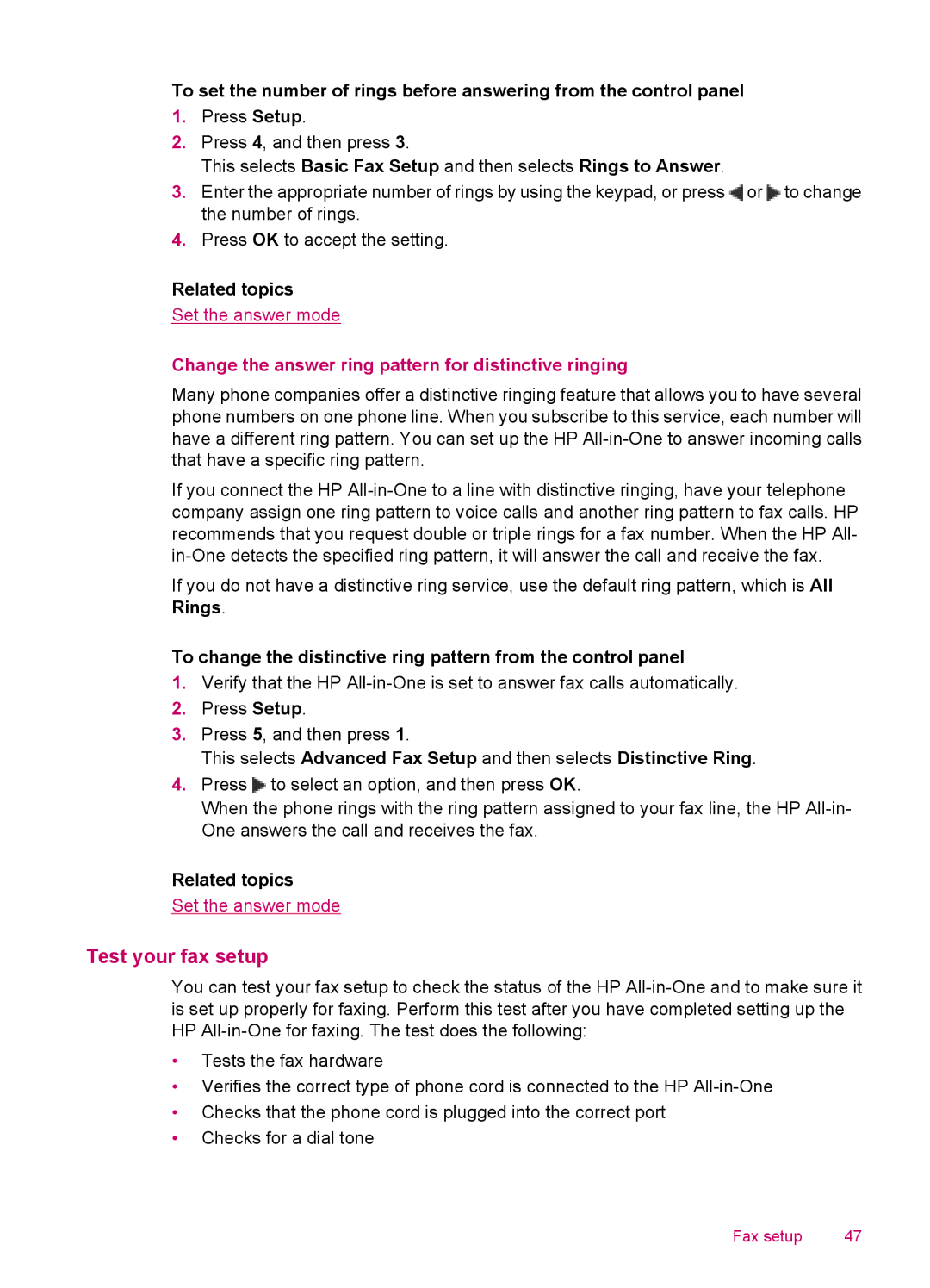 HP J5780, J5788, J5750, J5740 manual Test your fax setup, Change the answer ring pattern for distinctive ringing 