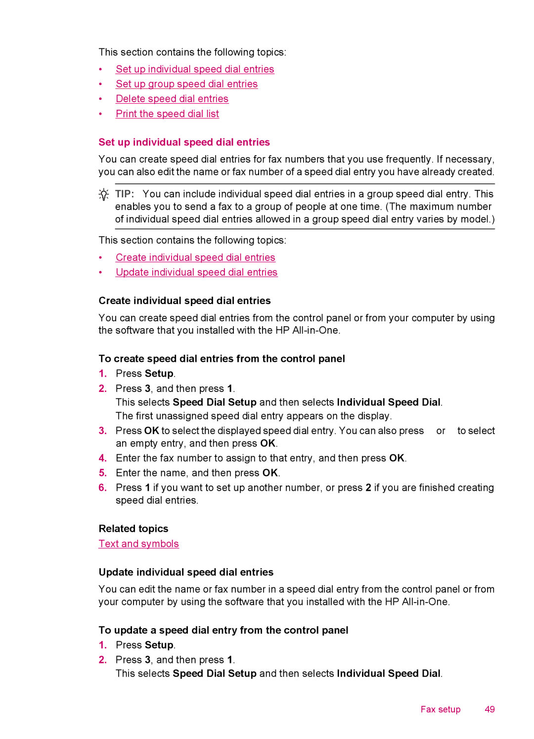 HP J5740 Set up individual speed dial entries, Create individual speed dial entries, Update individual speed dial entries 