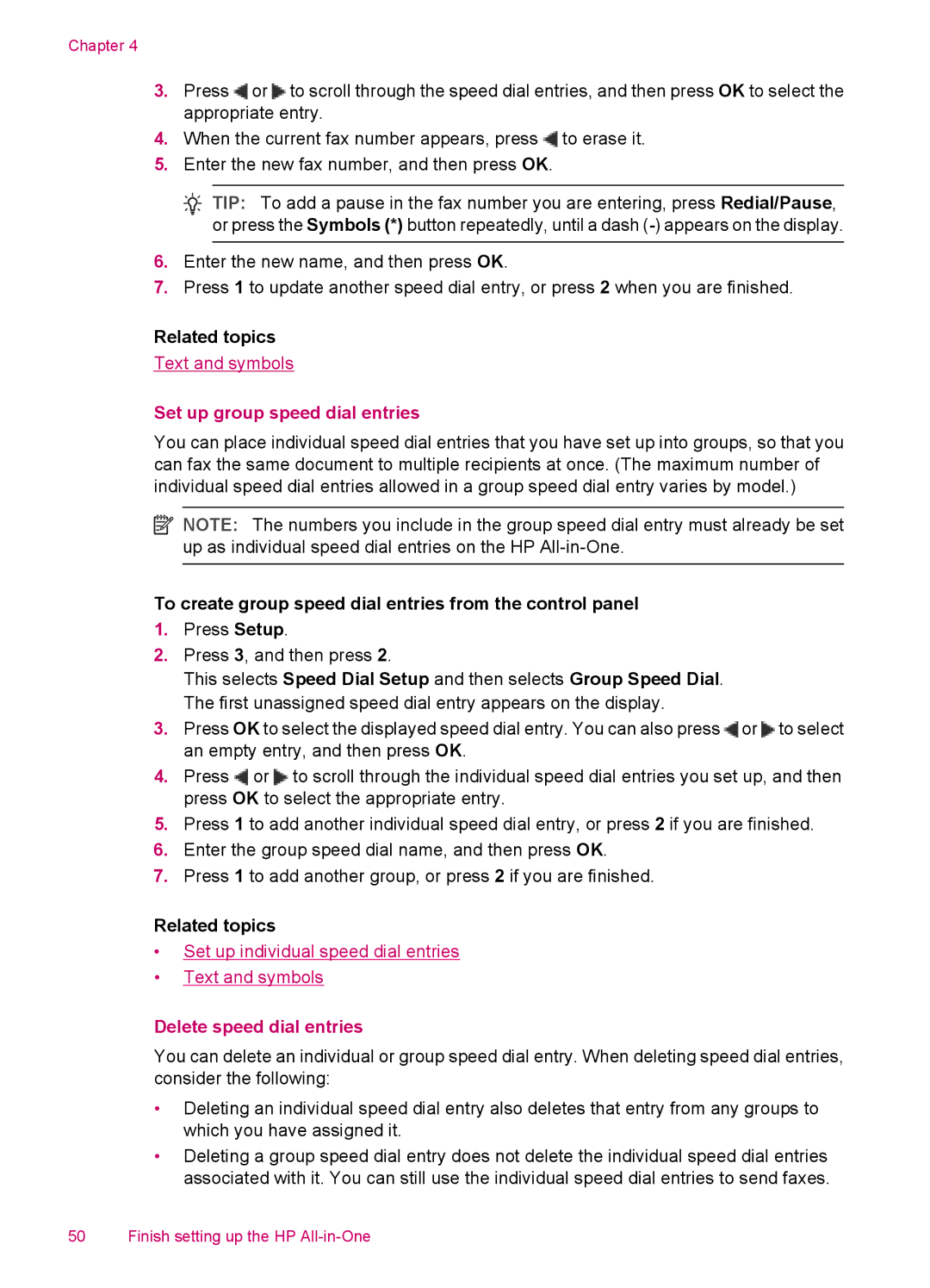 HP J5788, J5780, J5750, J5740 Set up group speed dial entries, To create group speed dial entries from the control panel 