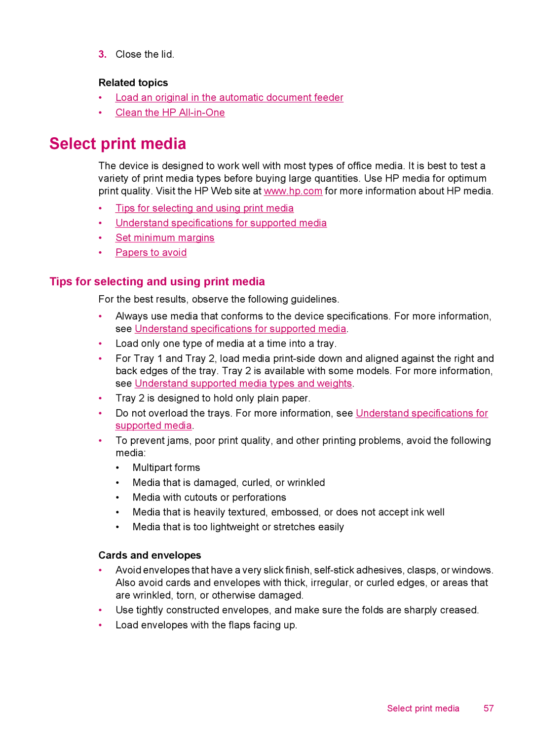 HP J5740, J5788, J5780, J5750 manual Select print media, Tips for selecting and using print media, Cards and envelopes 